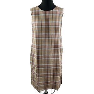 LIN BLANC Tan Brown Tartan Plaid Sleeveless Prairie Shift Dress Sz M Medium NEW